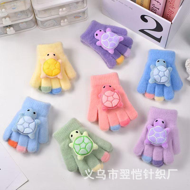 New Children's Little Turtle Warm Gloves Five-finger Baby Cute Cartoon Boys and Girls Knitted Wool Gloves