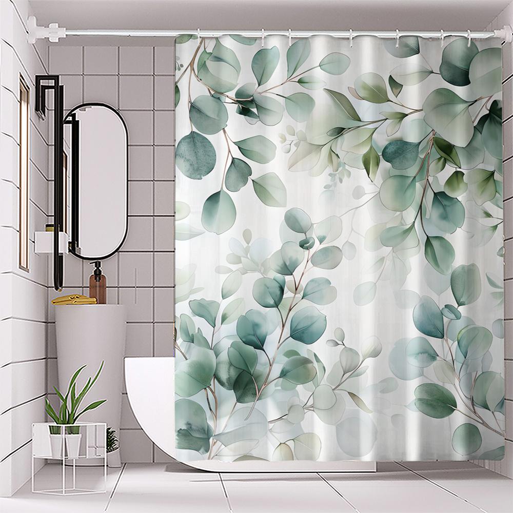 

1Pc Green Leaf Eucalyptus Print Polyester Shower Curtain, Machine Washable, Art Theme, With Hooks, For Bathroom W60H190(CM)-1 Pcs