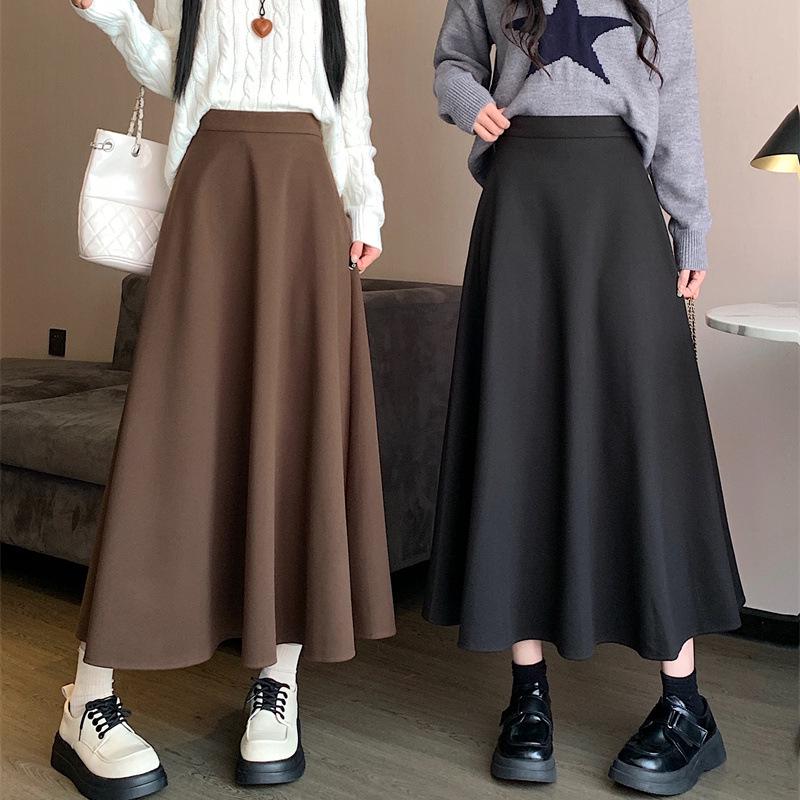 White High Waist Woolen A-line Pleated Skirt for Women - Long, Thickened, and Perfect for Autumn/Winter