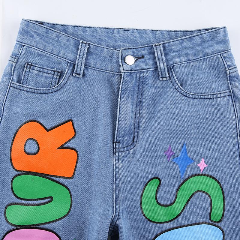 Trendy High-Waisted Loose Fit Printed Graffiti Women's Straight-Leg Jeans, Rainbow Denim Pants Loose Graffiti Printed