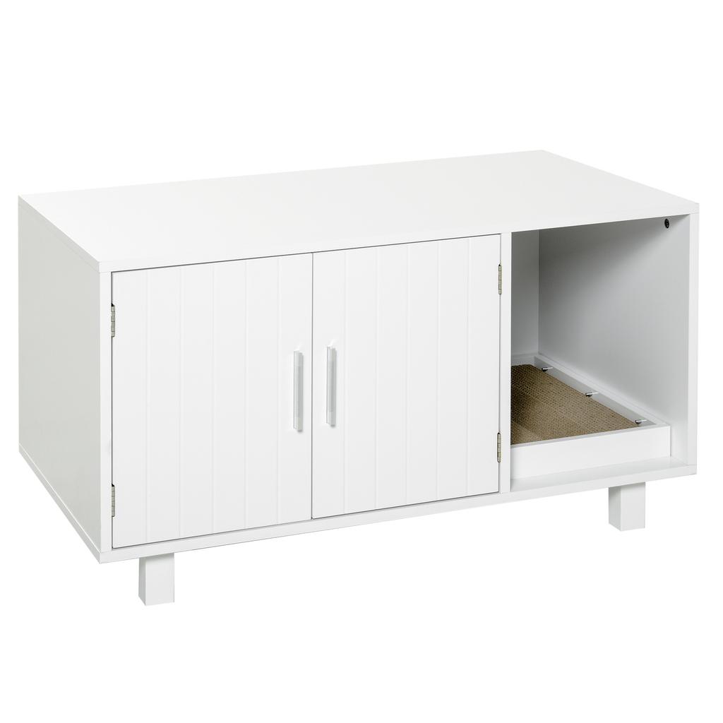 Wooden Cat Litter Box Cabinet with 2 Doors and Side Opening with Scratching Post, White