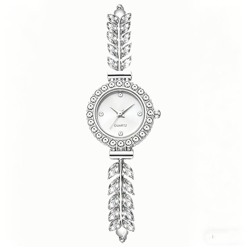 New Fashion Women Quartz Watch Leaf Design Slim Strap Rhinestone Round Dial Pull Adjustable Bracelet Wristwatch
