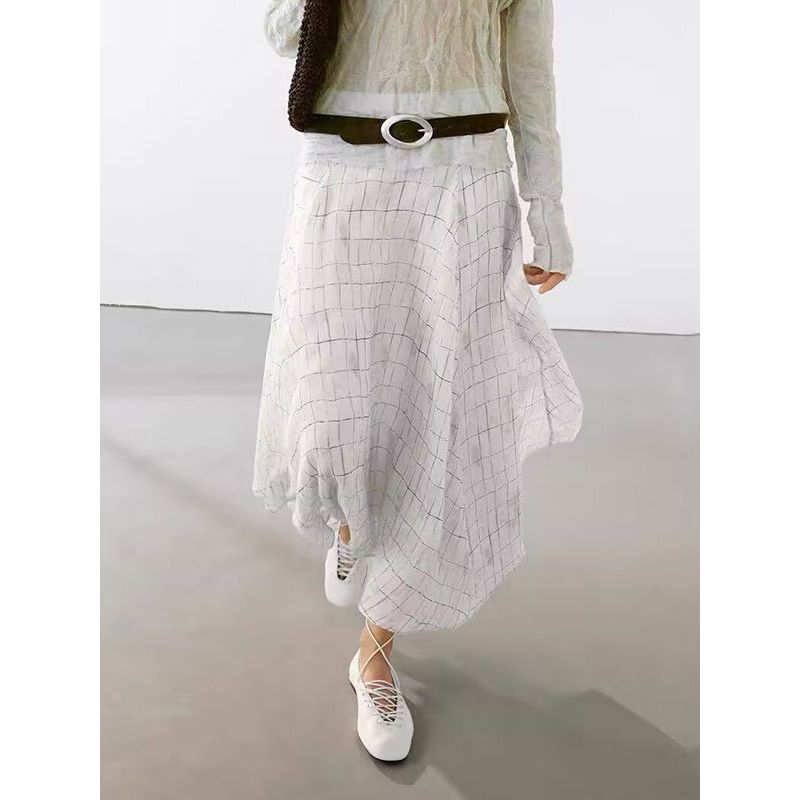 MD Women Clothes Art Department Design Sense Summer Irregular Skirt Drape Plaid Skirt 05206865251