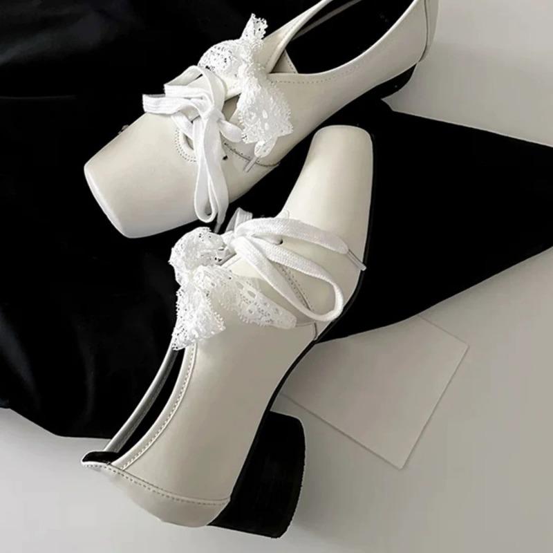 

Bow ballet shoes ribbon single shoes women s new square head shallow mouth thick heel small leather shoes 40 білий