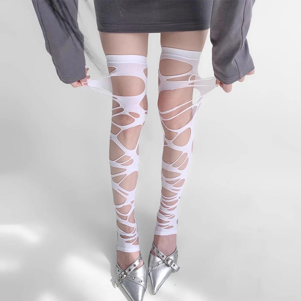 Y2K Hollow Out Stockings Women Punk Sexy Tights Leggings Jk Lolita Over The Knee Hosiery Female Broken Hole Fishnets Long Sock