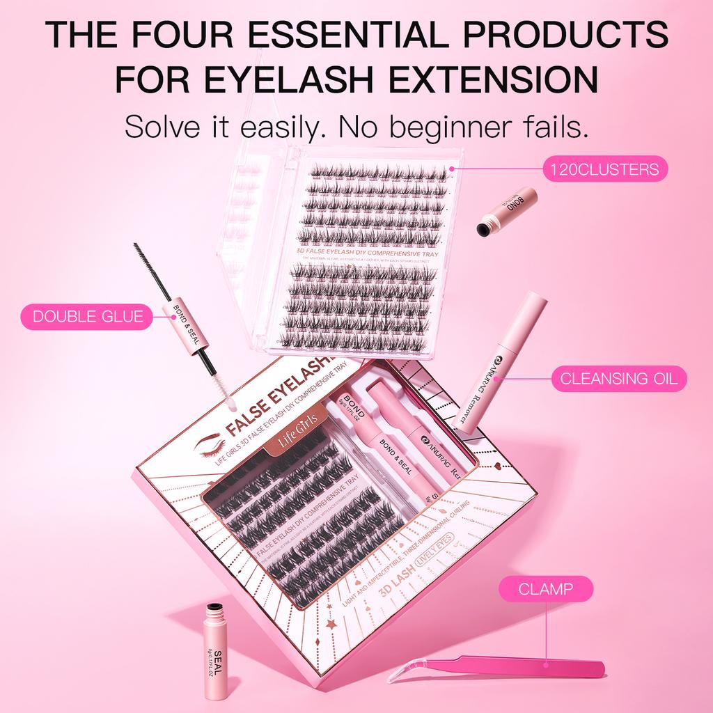 Life Girls 3D Volume False Eyelash Kit – Fluffy & Natural Cluster Lashes, DIY Individual Lash Extensions, Hot Melt Glue Applicator Set