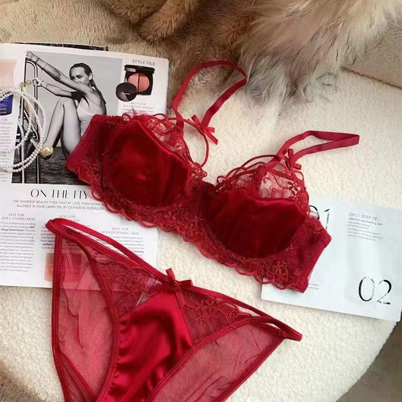 Sexy Pure Lace Half Cup Underwear Women's Small Breasts Gather Anti-sagging No Steel Ring Thin Bra Cover Set New