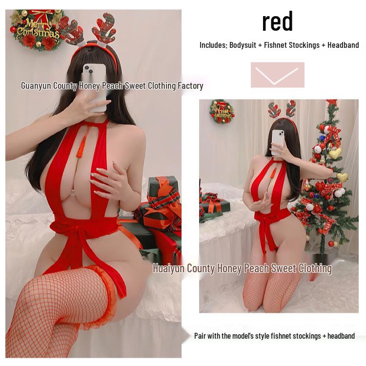 Reindeer Cosplay Christmas Sexy Lingerie Set - Tassel Bow Bodysuit with Open Crotch and Open Cup