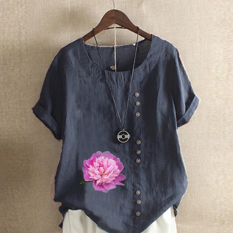 Women's Fashion Round Neck Short Sleeve T-shirt Casual Cotton Linen Graphic Shirt Flower Prined Summer Blouse Tops