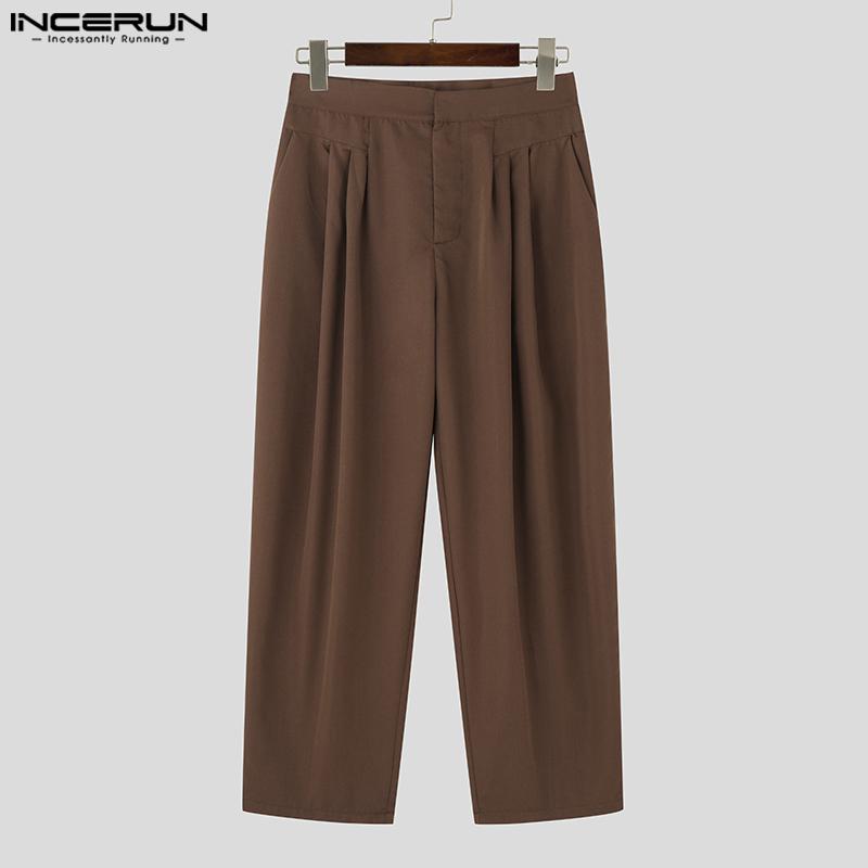 INCERUN Men Zipper Button Waist Casual Loose Baggy Long Wide Legs Pants Trousers