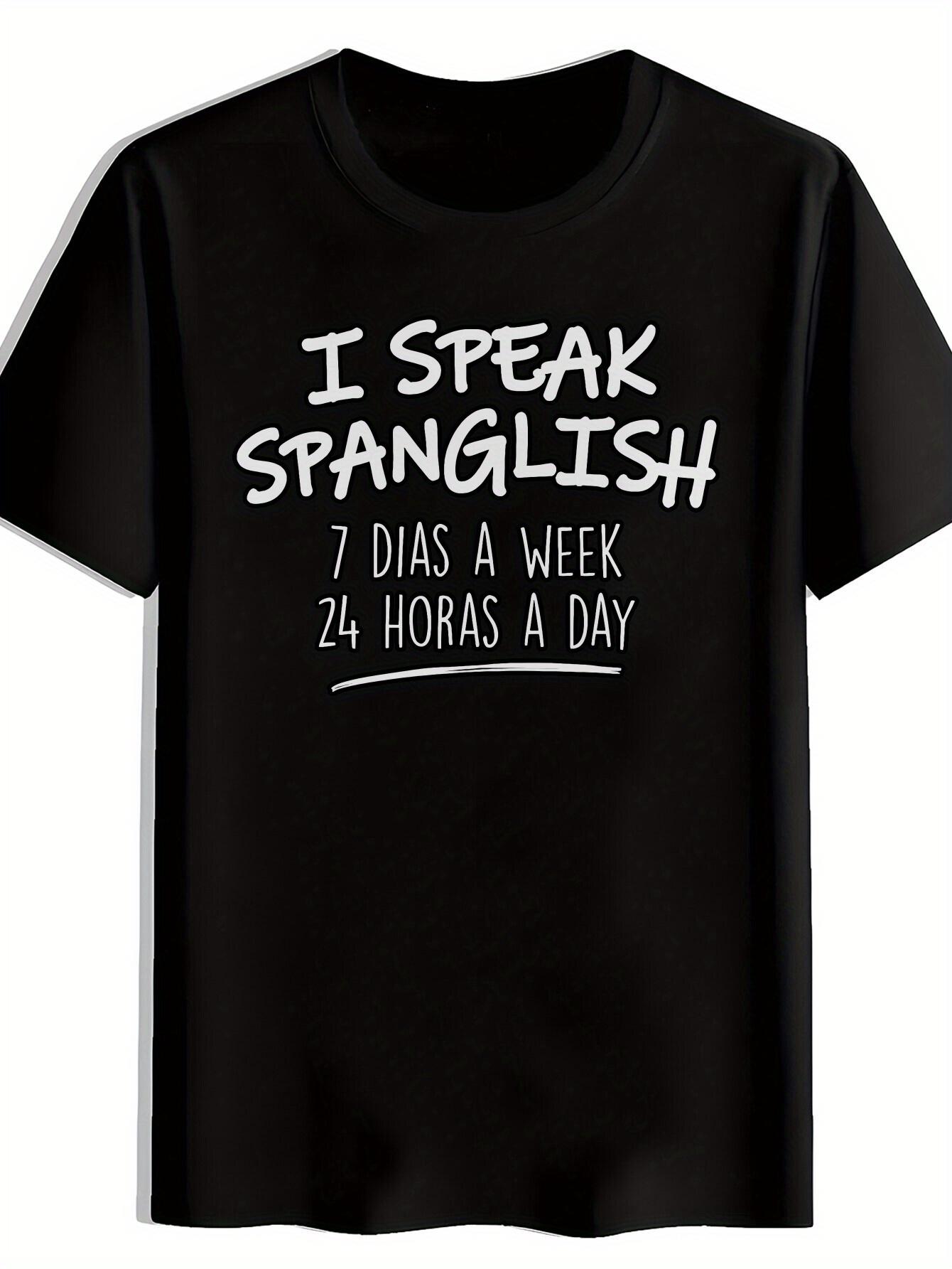 T-shirt Black Casual with White Handwritten Spanish Text Print - I Speak Spanglish Humorous Design XXL