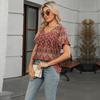 Women Boho Floral Leaf Geometric Print V Neck Tunic Top, Short Sleeve Front Pleated Flowy Hem Loose Fit Casual Daily Blouse