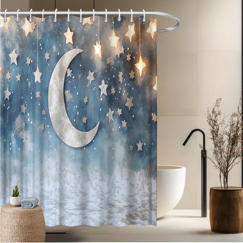 Moon Theme Shower Curtain, Silvery Crescent Moon & Stars, Dreamy Night Sky Design,Magical Holiday Bath Decor W90xH180cm