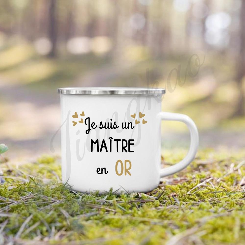 Super Maitre French Printed Mugs Creative Coffee Cups Drinks Water Enamel Camping Cup School Handle Drinkware Gifts for Teacher