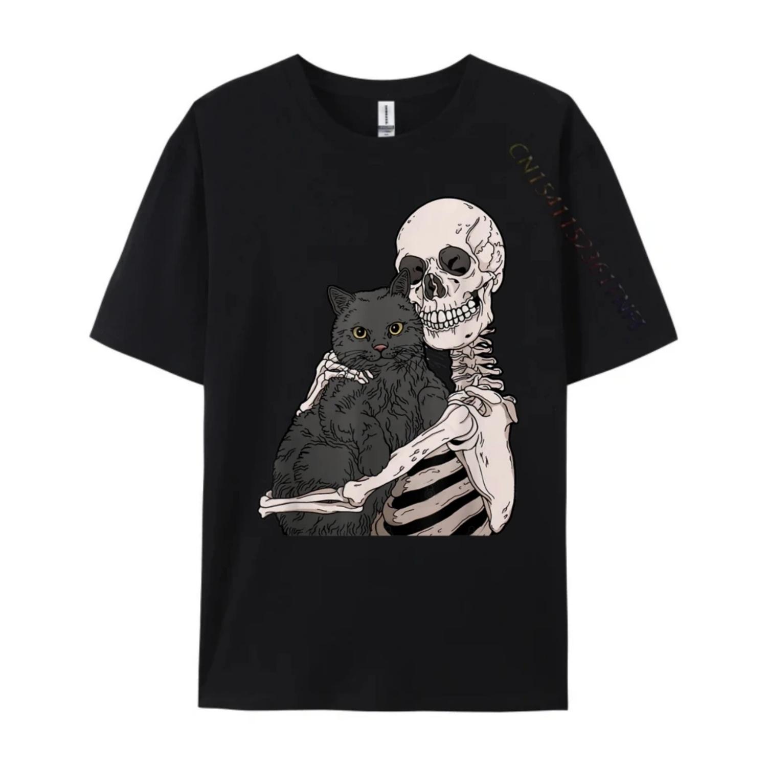 

Cats and Skeletons Vintage T Shirts Anime Plus Size HOLIDAYS Funny Shirts White T Shirt Men Family Graphic Tees S чёрный