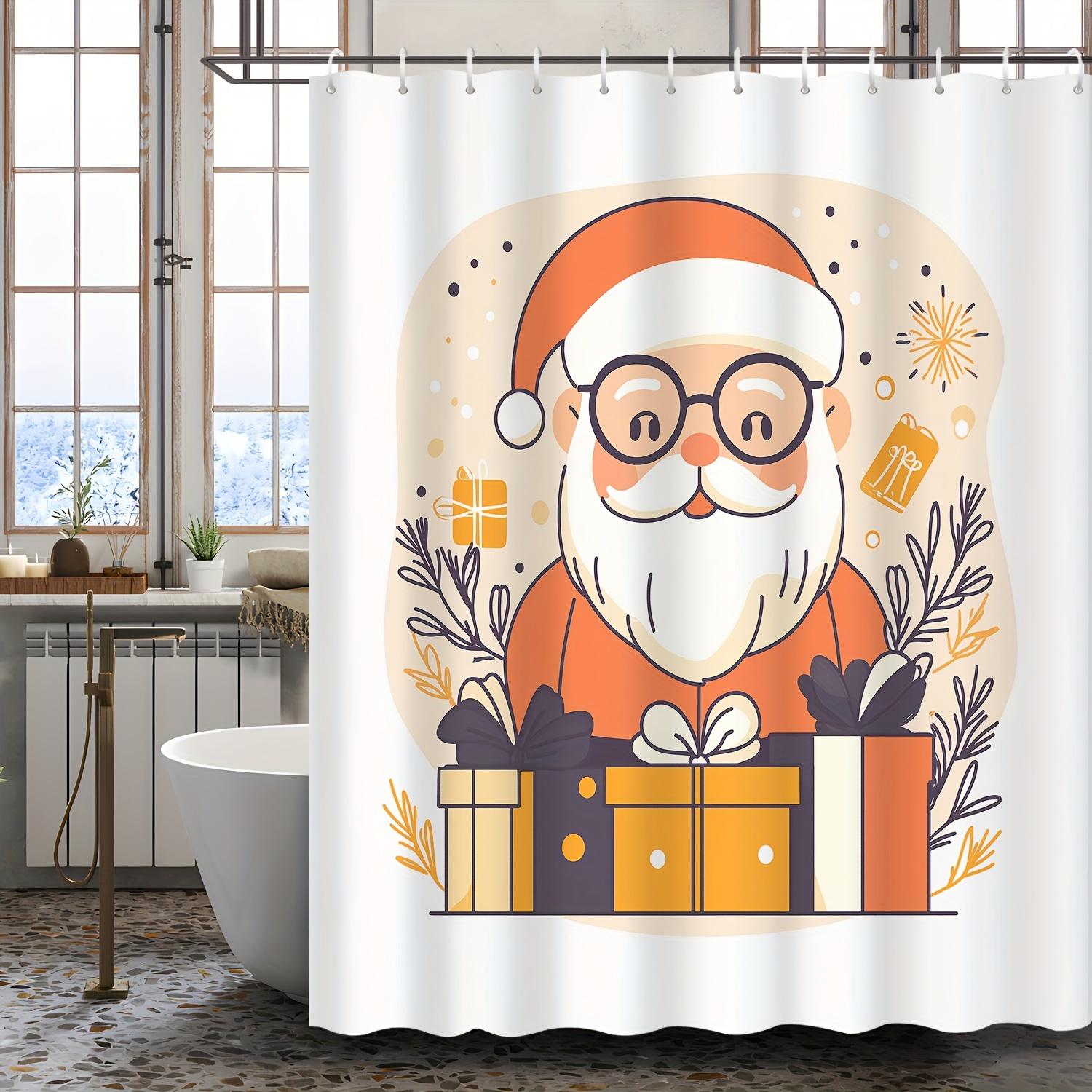 

Christmas Santa Claus Shower Curtain - Cartoon White Beard Santa With Gift Box, Water-Resistant Polyester, Bathroom Decor W60H190(CM)-1 Pcs