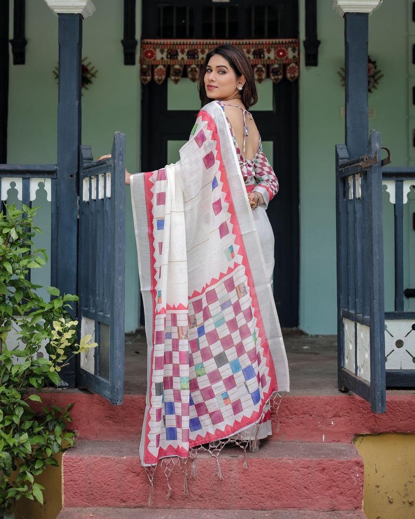 Women Designer Classic White with Colorful Geometric Print Work Saree With Unstitched Blouse