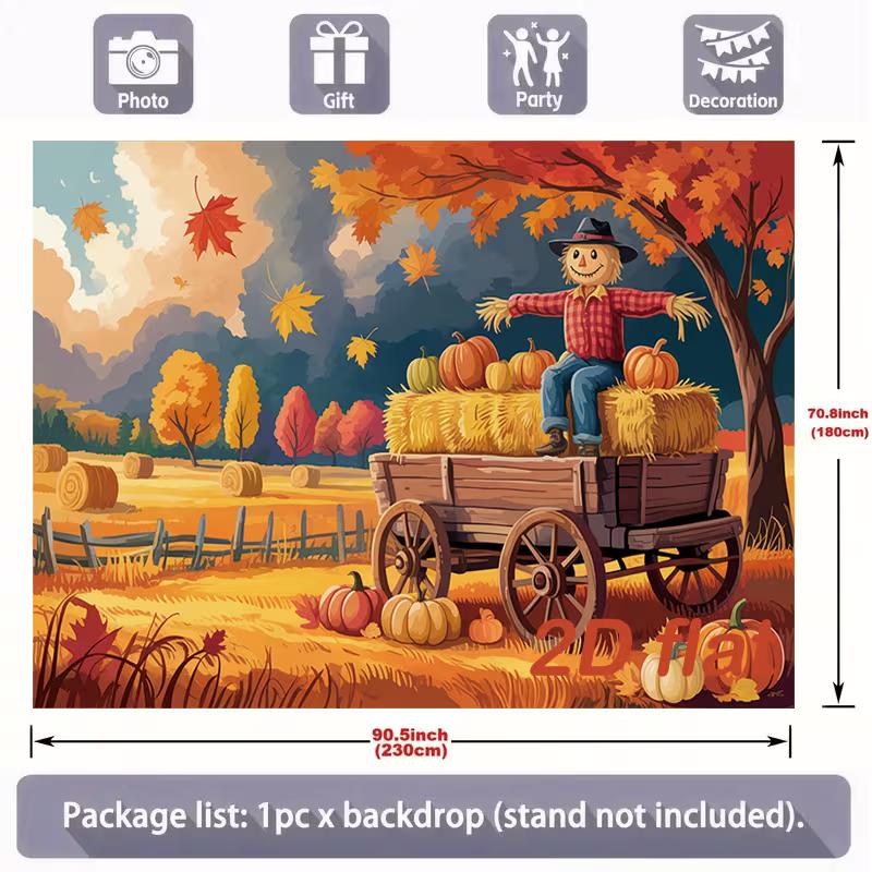 2D Fall Scarecrow and Pumpkin Cart Photography Backdrop Background