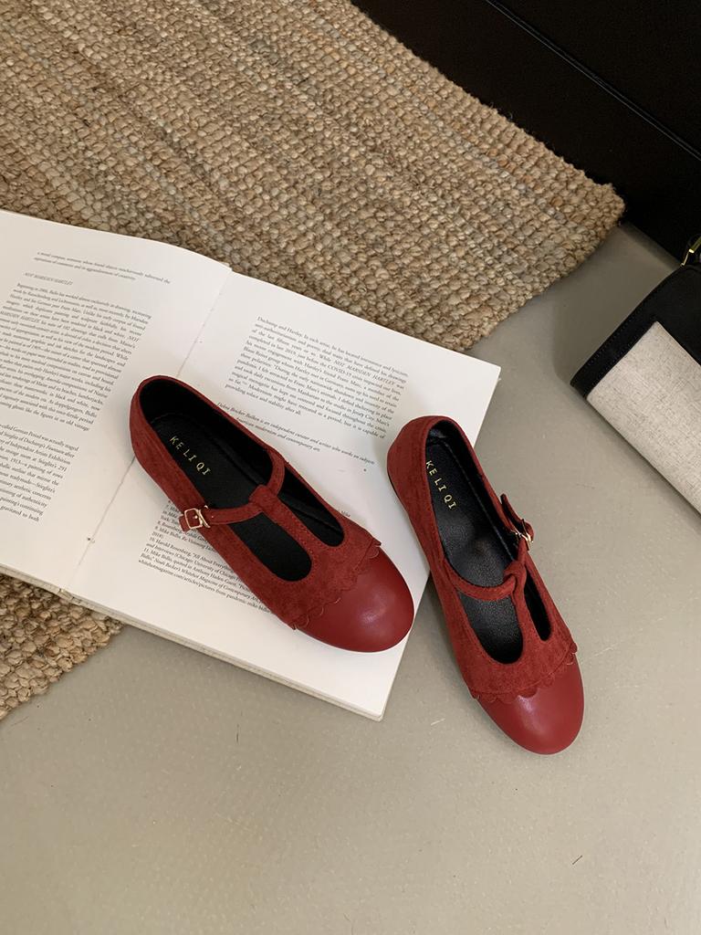 Mode Runde Zehen Damen Ballerinas Slipper Rot Schwarz Braun Mode Gürtelschnalle Slip-On Niedrig Absatz Gürtelschnalle Hohl Mode Kleiderschuhe 39