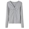 Womens Elegant V-Neck Long Sleeve T-Shirt With Pleated Detail Soft Modal Blend Slim Fit Office Daily Wear
