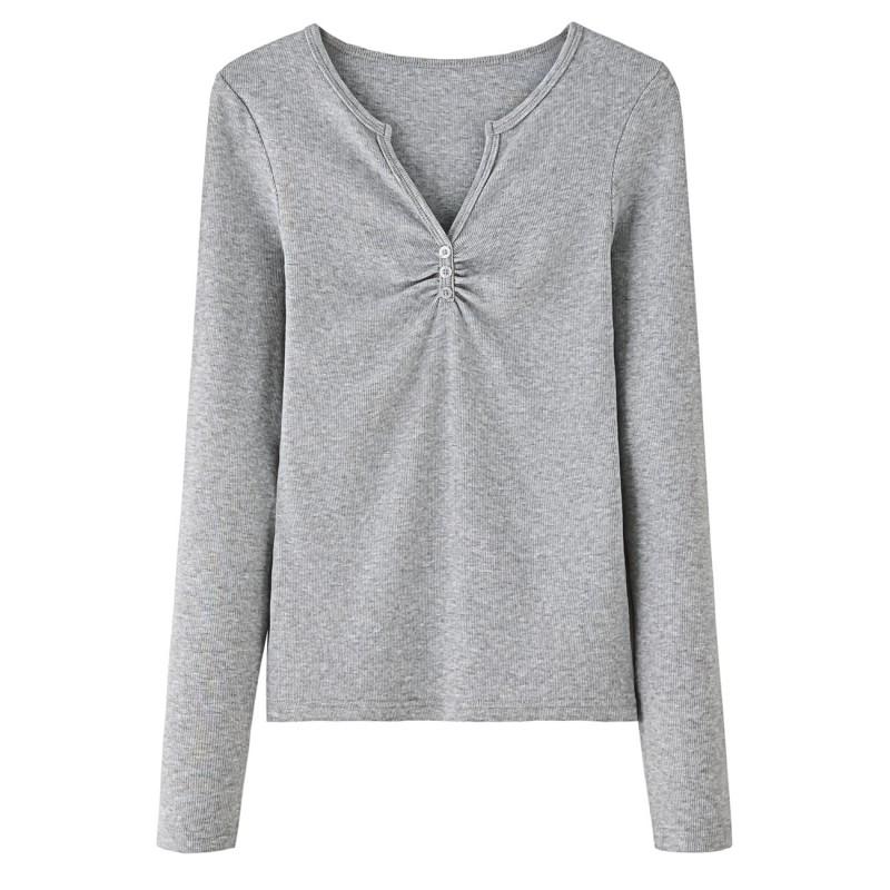 Womens Elegant V-Neck Long Sleeve T-Shirt With Pleated Detail Soft Modal Blend Slim Fit Office Daily Wear