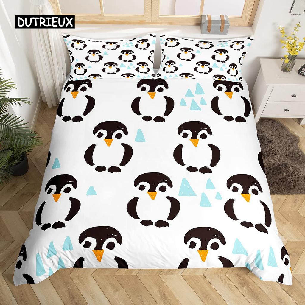 Penguin Comforter Cover Package Queen Dimension Size Sweet Animal Design for Kids Teens Bed Ensemble Sweet Penguin Animal Design Cozy Quilt Cover