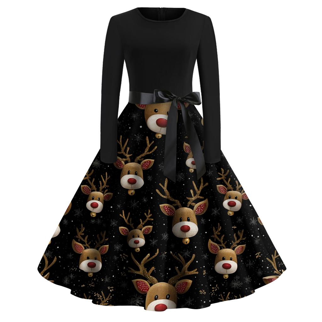 Mote for kvinner Rund Hals Casual Slim Fit Juleprint Stor Sving Langermet Kjole