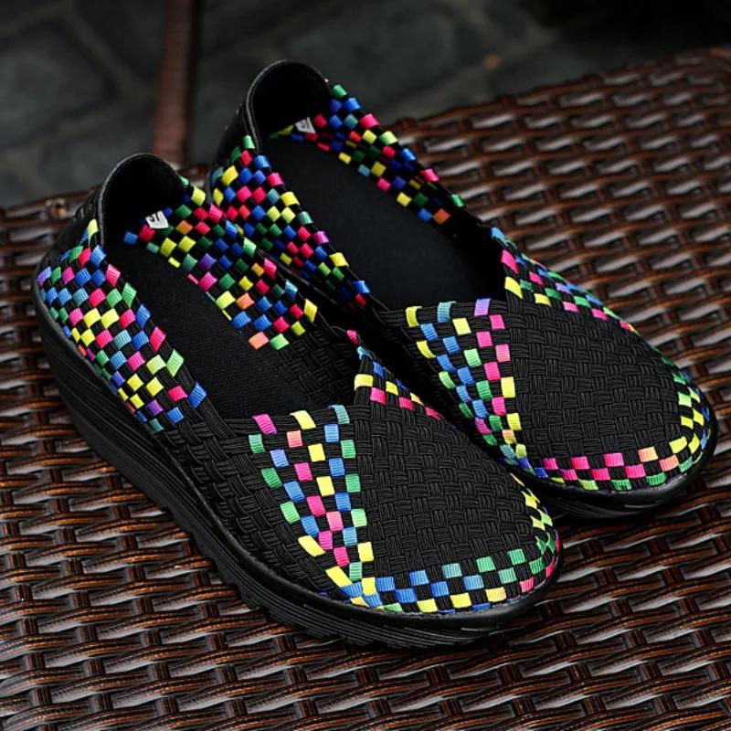New Women's Plus Size 35-42 Women's Wedge Thick Soled Sports Shoes Fashionable Woven Hollow Women's Loafers Slip On Casual Shoes