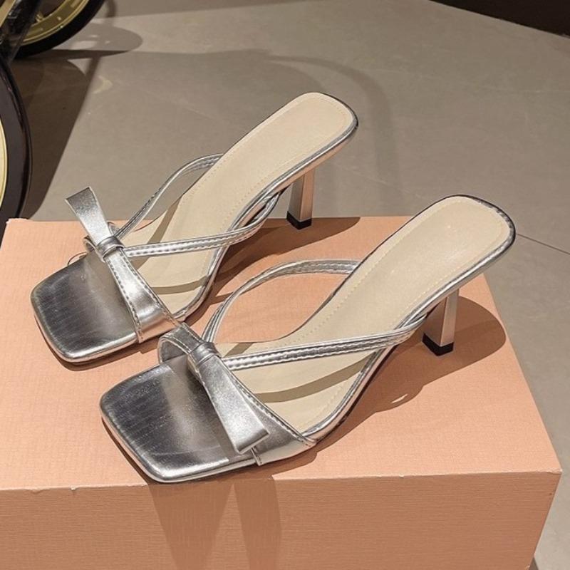 Fashion Bow-knot Square-toe Slippers for Women Xia 2025 New Outward Wear, Flip-flops, High Heels with Skirt Temperament
