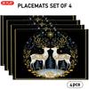 Of 4/6 Christmas-Themed Linen Placemats Featuring a Design of Reindeer And Snowflakes, Adorned with Golden Leaves And Pine Tree Decorations, Suitable