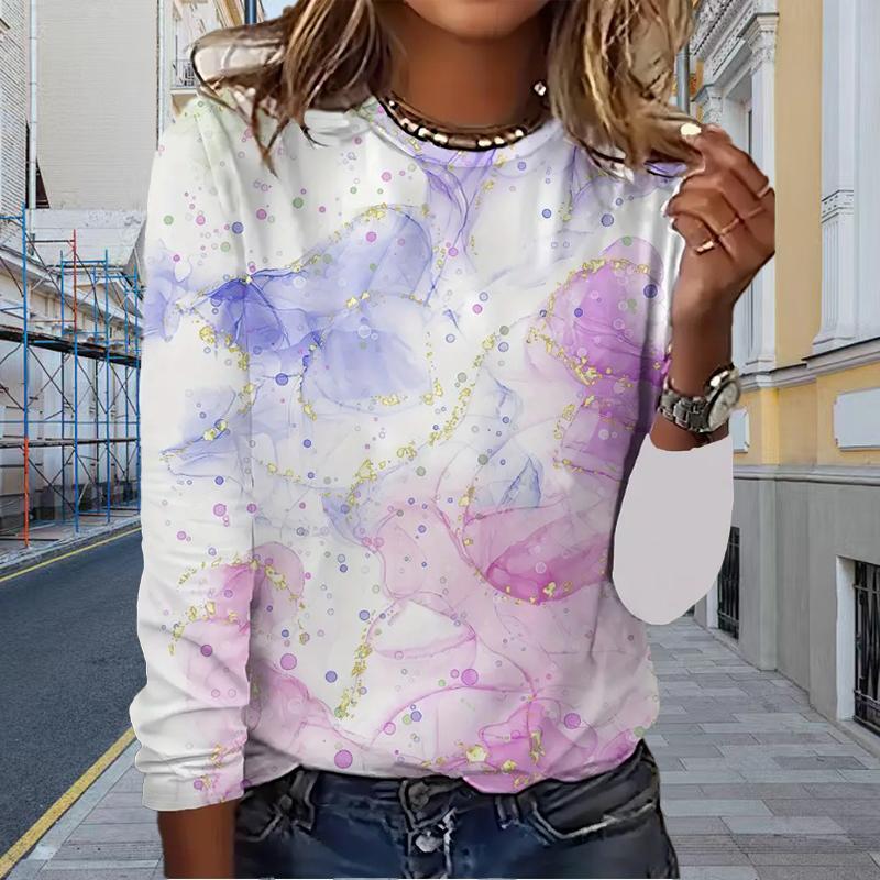 Oberteile für Damen, Farbverlauf-Sternenhimmel-Druck, Rundhalsausschnitt, Langarm-T-Shirt, Herbst, lässiger, schlanker Pullover, Langarm-Oberteil für Damen