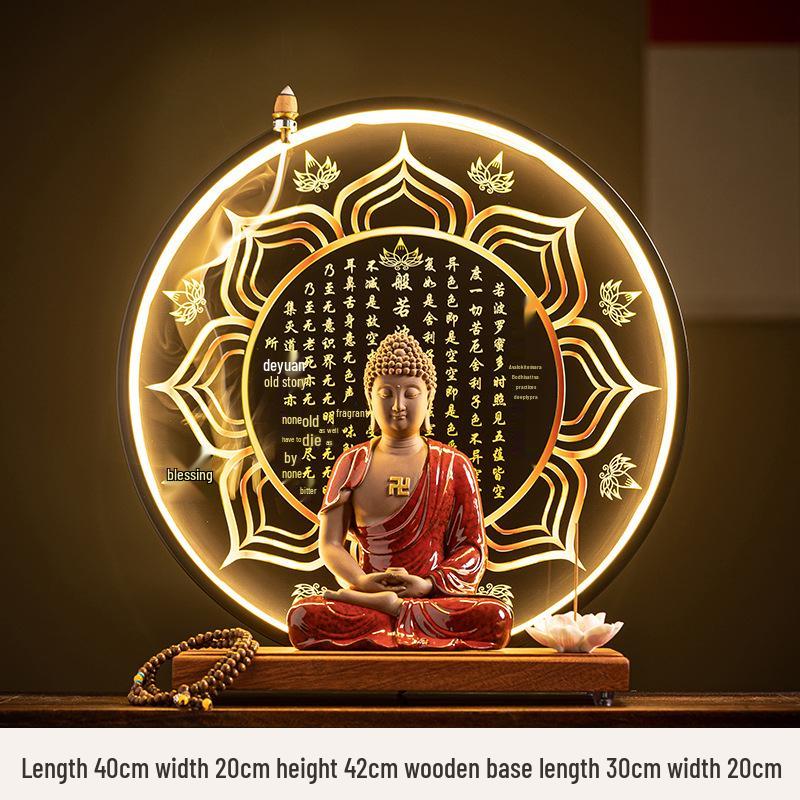 Keramik Shakyamuni Buddha Statue - Wohnzimmer Kunstwerk mit den Drei Heiligen und Lichtkreis Design