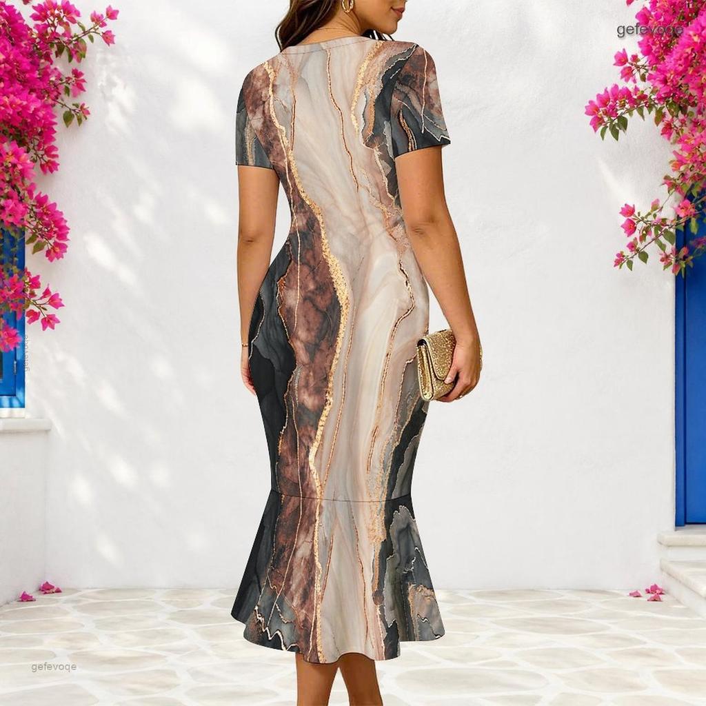 Women Plus Size V Neck Short Sleeve Fitted Striped Printed Fishtail Dress