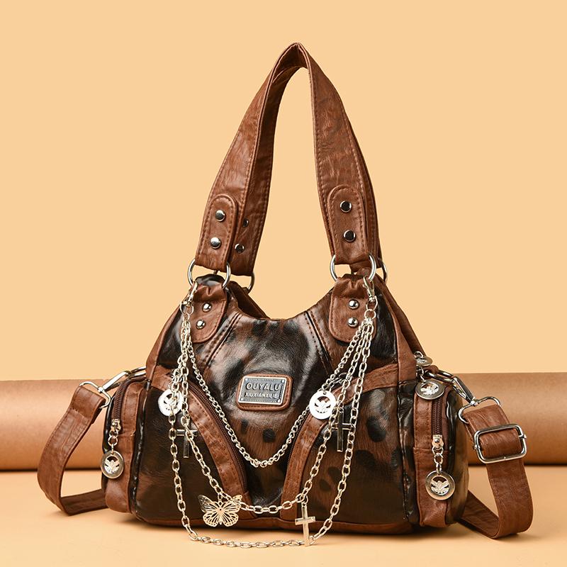 Bolso de Mano Retro para Mujer con Estampado de Leopardo, Piel Sintética, Decoración de Cadena, Gran Capacidad, Bolso de Hombro Versátil, Bolso Cruzado Tote con Correa Desmontable, Casual Diario