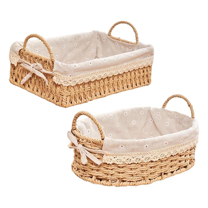 Handmade Handwoven Storage Baskets With Handles Kitchen Organizer Cosmetic Boxes For Bedroom Bathroom Breakfast Fruit Decorative