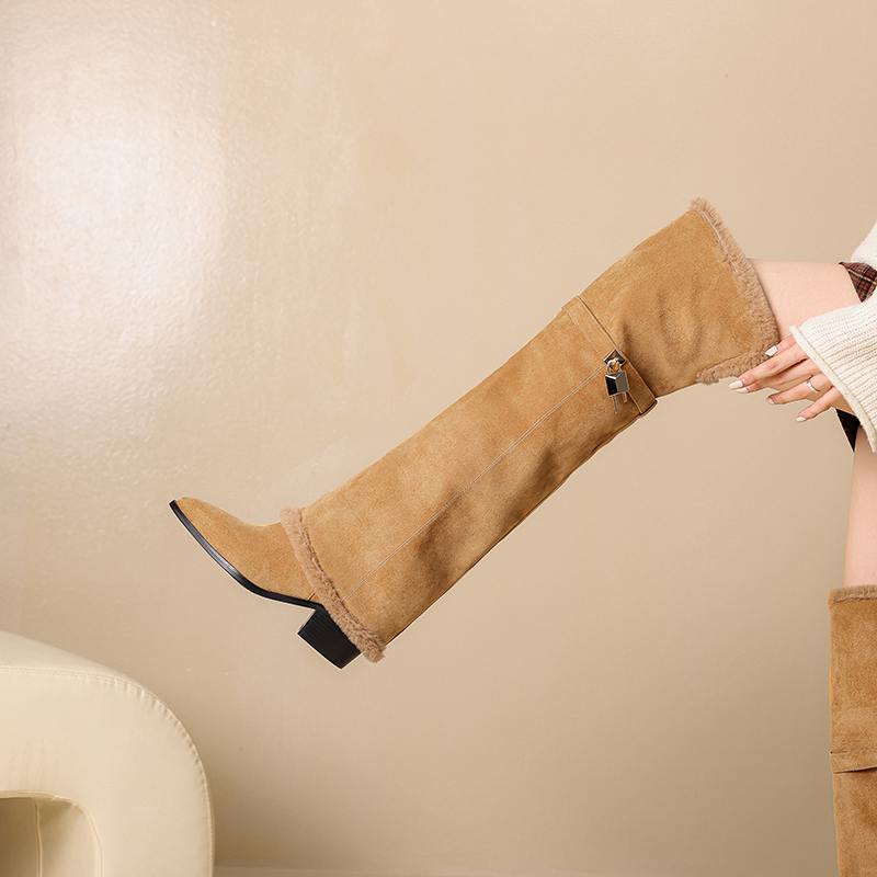 Krazing Pot Flock Pointed Toe Thick High Heels Thigh High Boots Size 46 Size 45 Slip On Plus Size Women Keep Warm Over-the-knee Boots