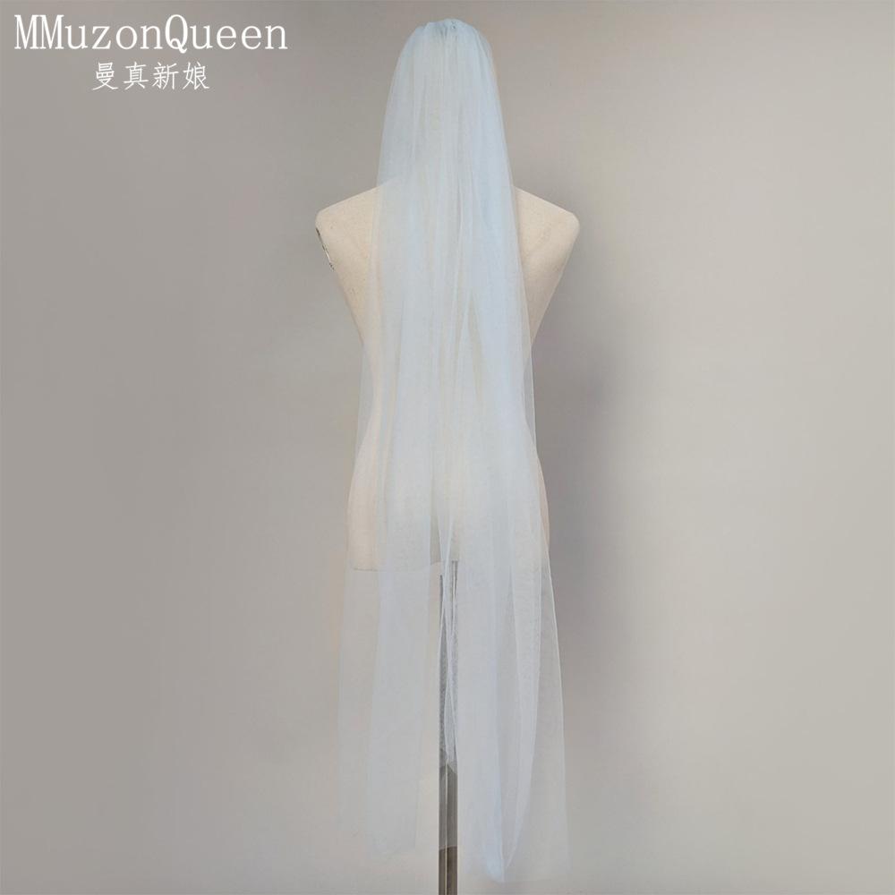 Plain Solid Color Tulle Bridal Veil Single Layer Soft Flowy Simple Wedding Veil White Lavender Light Blue Floor Length Veil For Bride Elopement Shoot