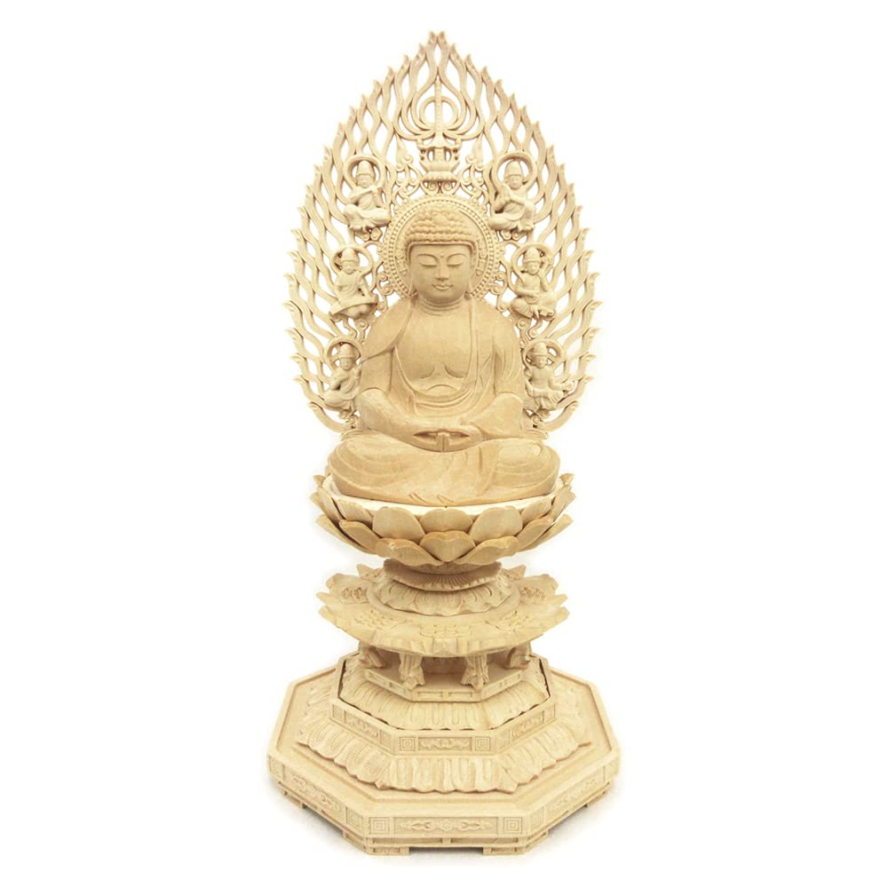 Speciální buddhistická socha Amitábha Njorai sedící socha palců výška 30 šířka 14 hloubka 14 létající nebeská svatozář osmiúhelníkový podstavec dřevořezba vyrobeno z