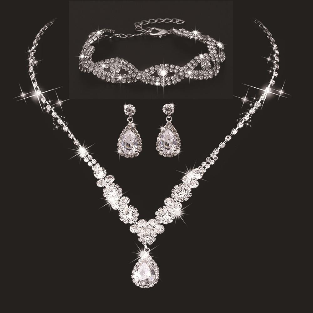 Wedding Jewelry Set Three-piece Set Bright Rhinestones Zircon Angel Teardrop Necklace Earrings Bracelet