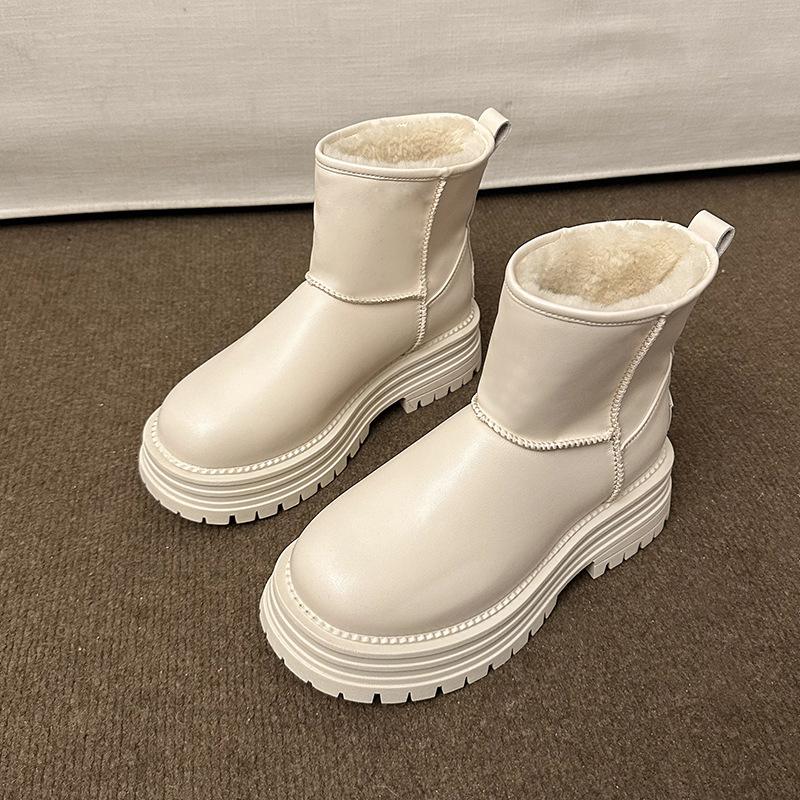 White Platform Snow Boots Women's 2025 Winter New Fleece Thickened Fur Integrated Waterproof Short Boots Cotton Shoes