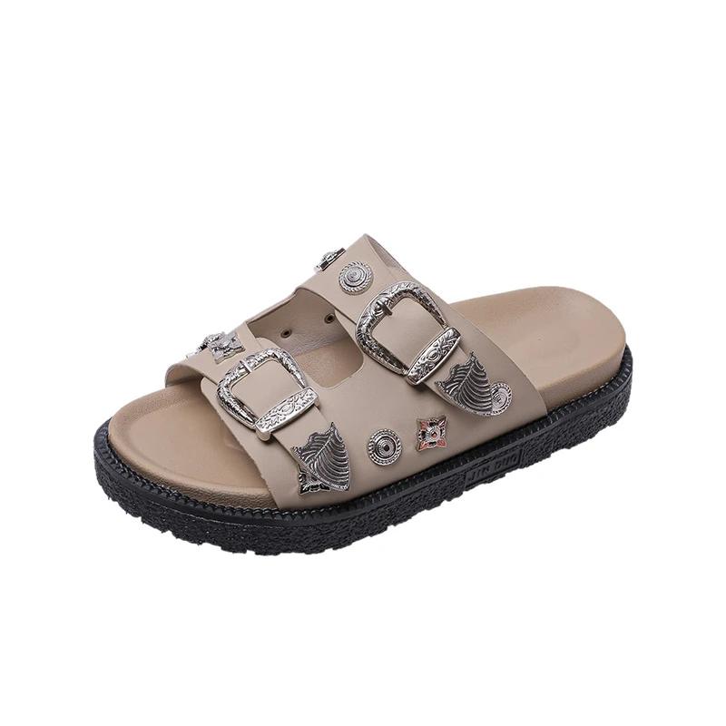 Fashion Platform slippers 20245summer new wear metal buckle rivet casual sandals open toe one word beach ins cool style shoes