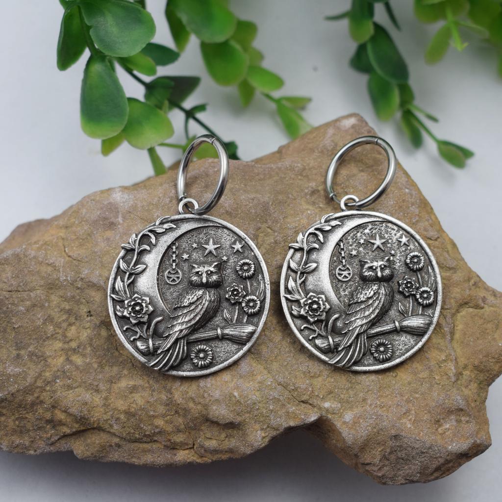 Norse Viking Wiccan Moon Phase Raven Earrings Stainless Steel Hook Handmade Jewelry