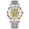 BINBOND Men's Automatic Mechanical Watch Skeleton Hollow Blue Dial Diamond Stainless Steel Waterproof Luxury Business Wristwatch