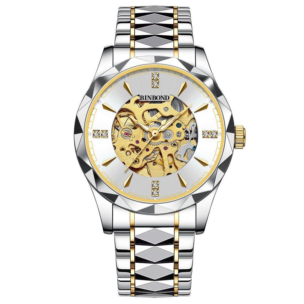BINBOND Men's Automatic Mechanical Watch Skeleton Hollow Blue Dial Diamond Stainless Steel Waterproof Luxury Business Wristwatch