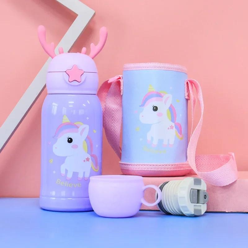 Cartoon Children's Straw Water Cup Strap Bouncing Cup Children's Vacuum Double-lid Double-layer Stainless Steel Vacuum Flask