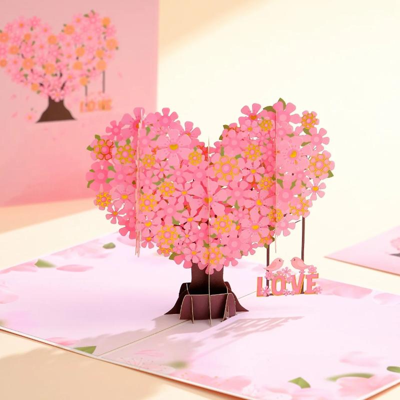 Romantic Cherry Blossom 3D Pop-Up Greeting Card Paper Art, Love Heart Giving Tree for Mother's Day, Wedding, Valentine's Gift