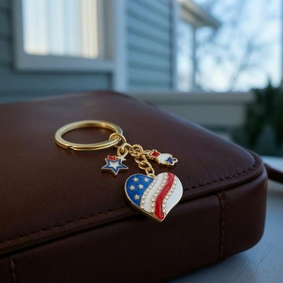 Independence Day Keychain Pendant, Enamel Zinc Alloy Key Holder with USA Letters Stars Hearts Patriotic Design, American Flag Accessory