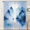 2 Pieces HD Digital Ink Mountain Range Printed Window Screen Home Decor Style Decoration Living Room Bedroom Rod
