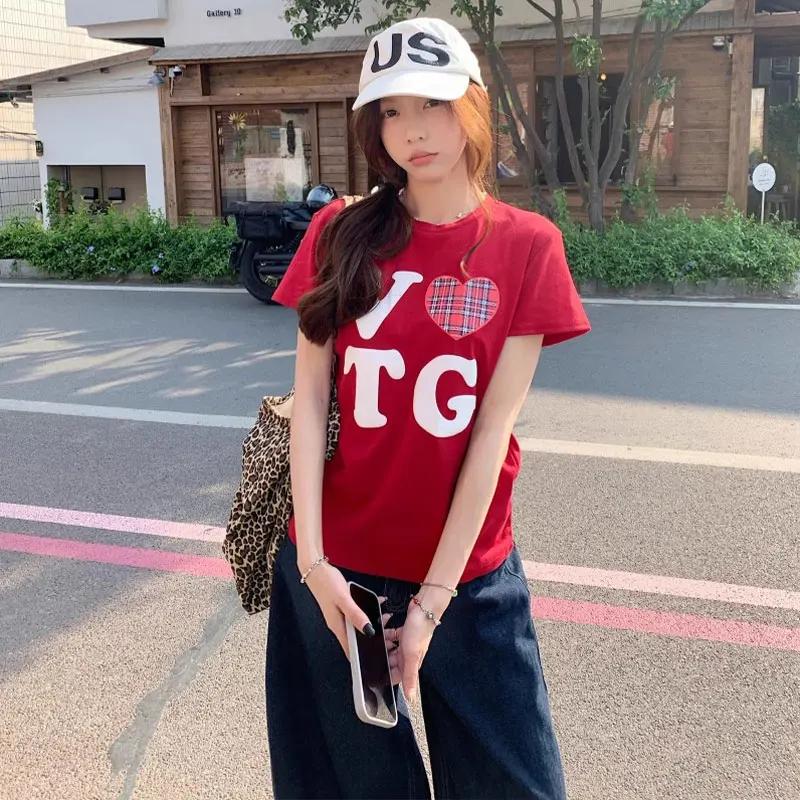 

Корейский топ свободного кроя с короткими рукавами, футболка женская, летний дизайн, принт в виде букв и сердечка, американский топ горячей девушки 4XL