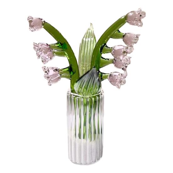 Mini Glass Lily of The Valley Flower Figurine Handmade Faux Crystal Small Flower Bouquet Collectible Ornaments for Mother's Day Birthday Valentines